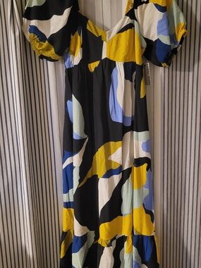 Nine West Black, Yellow & Blue Abstract Puff-Sleeve Maxi Dress